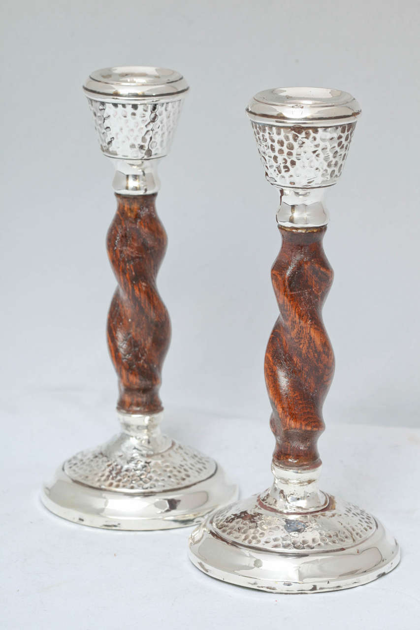 Arts and Craft, Jacobean-style, sterling silver-mounted wood barley twist candlesticks, Birmingham, England, 1932, John Rose - maker. 7 1/8