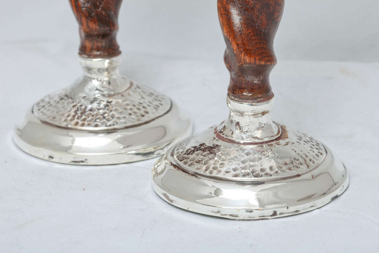 British Arts & Crafts Jacobean-Style Sterling Silver Mounted Barley Twist Candlesticks