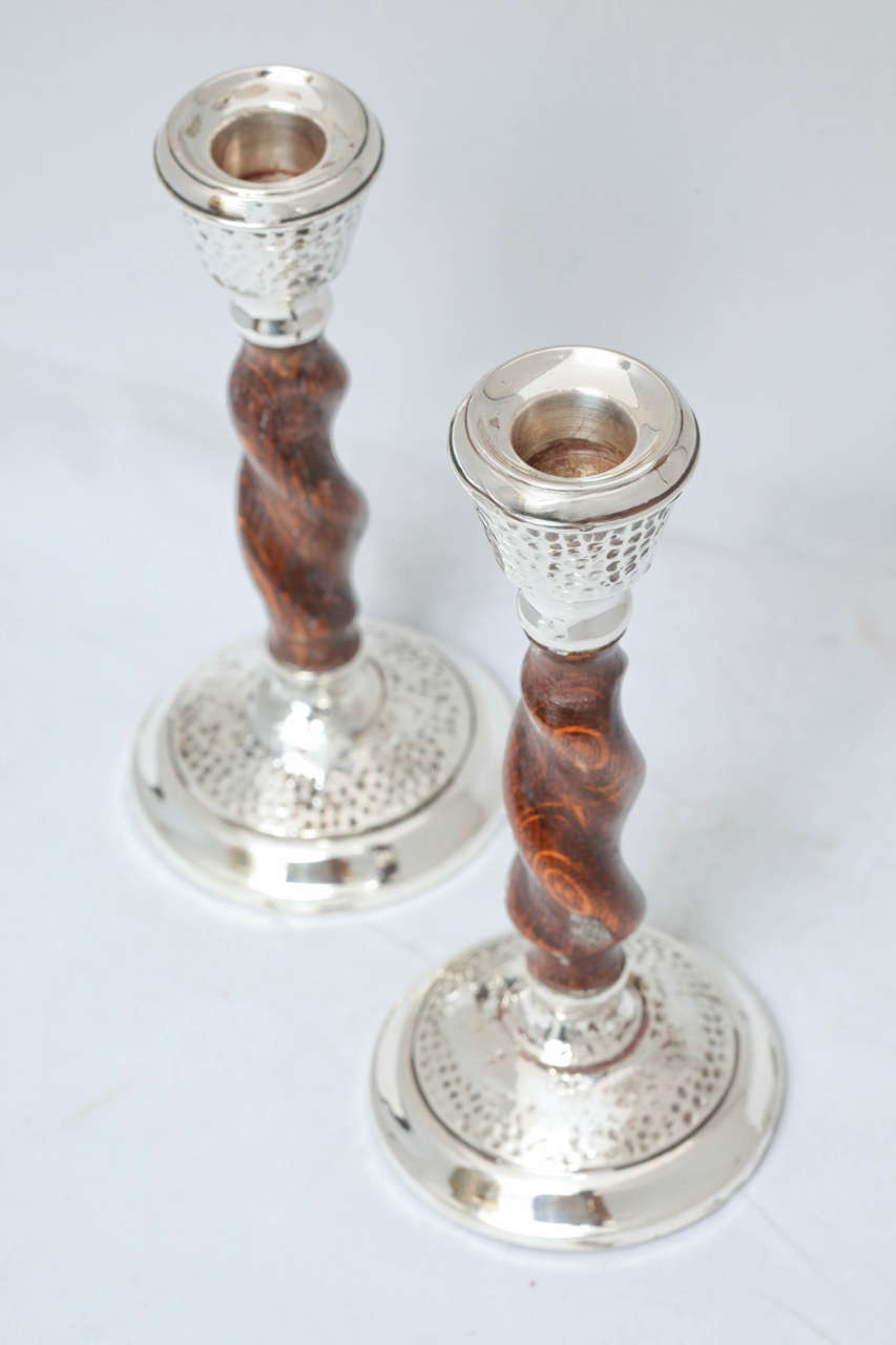 Arts & Crafts Jacobean-Style Sterling Silver Mounted Barley Twist Candlesticks 1