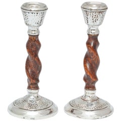 Arts & Crafts Jacobean-Style Sterling Silver Mounted Barley Twist Candlesticks
