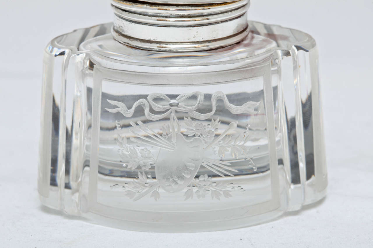 American Sterling Silver-Mounted Etched Crystal Inkwell