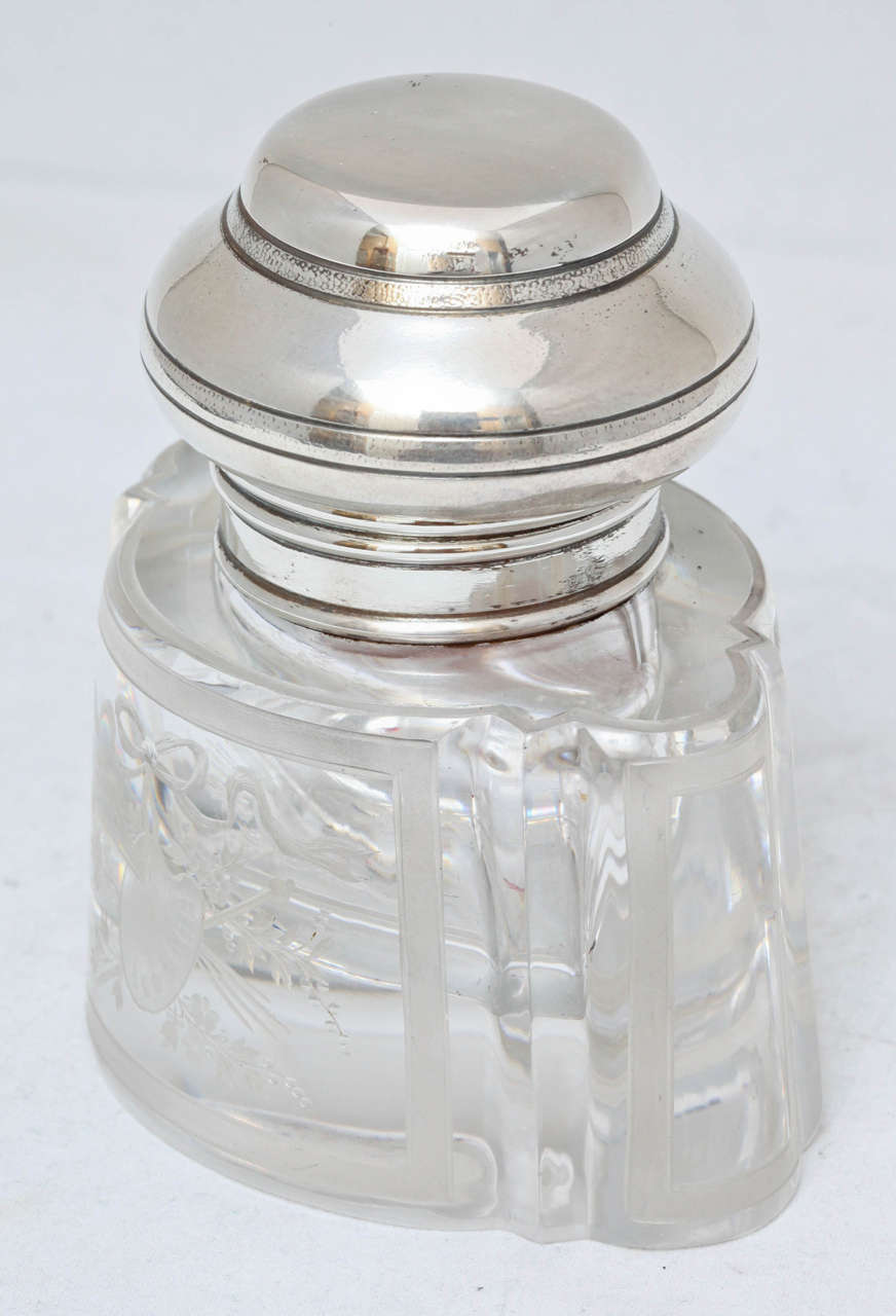 Sterling Silver-Mounted Etched Crystal Inkwell In Excellent Condition In New York, NY