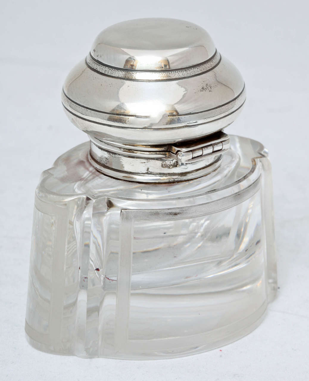 19th Century Sterling Silver-Mounted Etched Crystal Inkwell