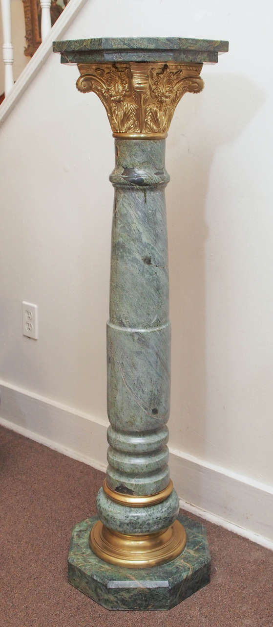 Pair of Italian Verde Antico Marble and Gilt Bronze Pedestals
