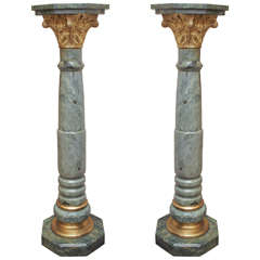 Vintage Pair of Italian Verde Antico Marble and Gilt Bronze Pedestals