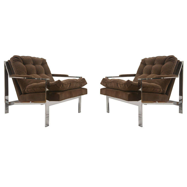 Tufted Milo Baughman Flat Bar Lounge Chairs For Sale