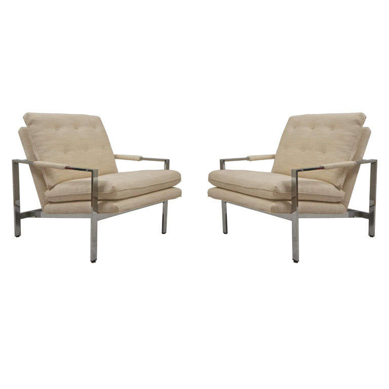 Milo Baughman Flat-Bar Lounge Chairs in Silk and Linen