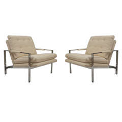 Milo Baughman Flat-Bar Lounge Chairs in Silk and Linen