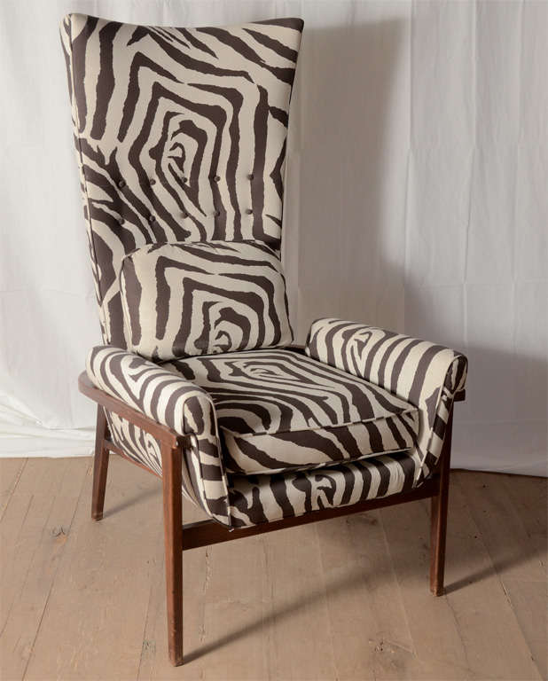 Pair of midcentury high-back chairs in the style of Adrian Paersall upholstered in printed linen.