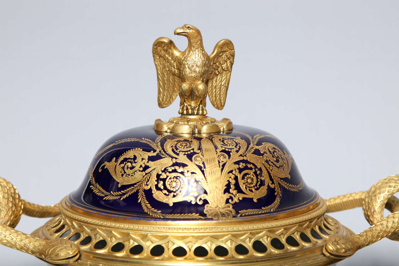 Pareja de jarrones/maceteros franceses napoleónicos de Sèvres con cubierta de porcelana y ormolu siglo XIX en venta