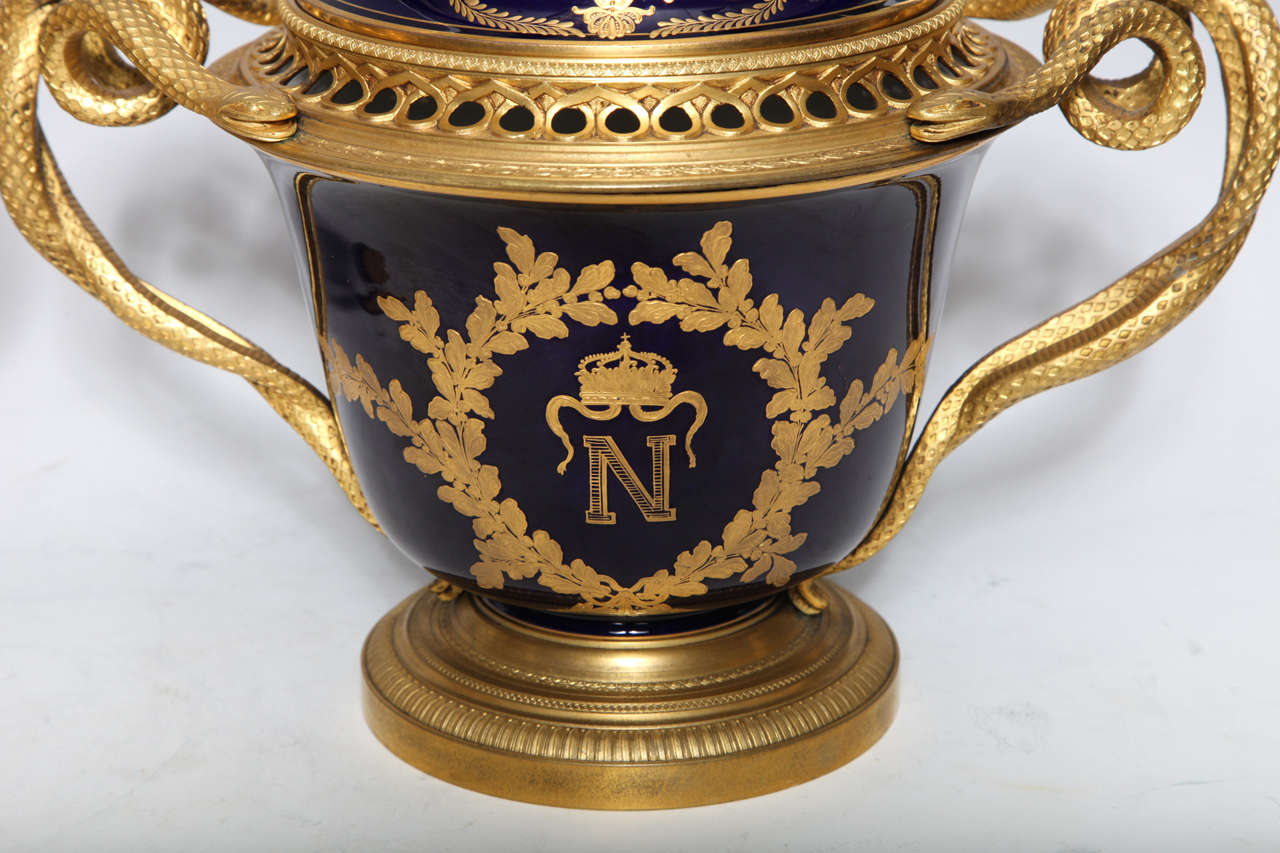 19th Century Pair of French Napoleanic Sèvres Porcelain and Ormolu Covered Vases/Pot Pourries For Sale
