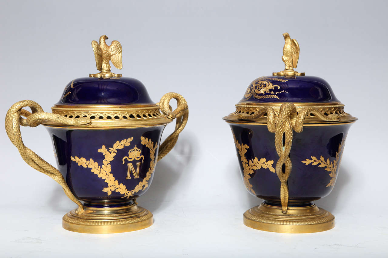 Bronze Pair of French Napoleanic Sèvres Porcelain and Ormolu Covered Vases/Pot Pourries For Sale