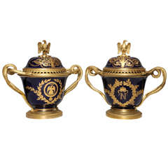 Pair French Napoleanic Sevres Porcelain & Ormolu Covered vases/Pot Pourries 8
