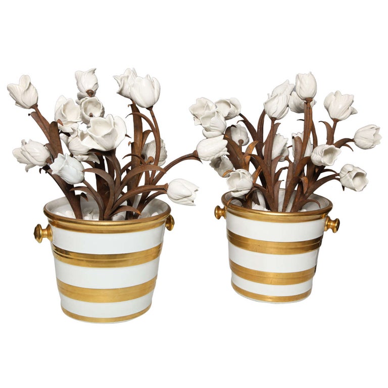 Unusual Pair of Antique French Louis XVI Style Porcelain Flower Baskets, Jansen For Sale