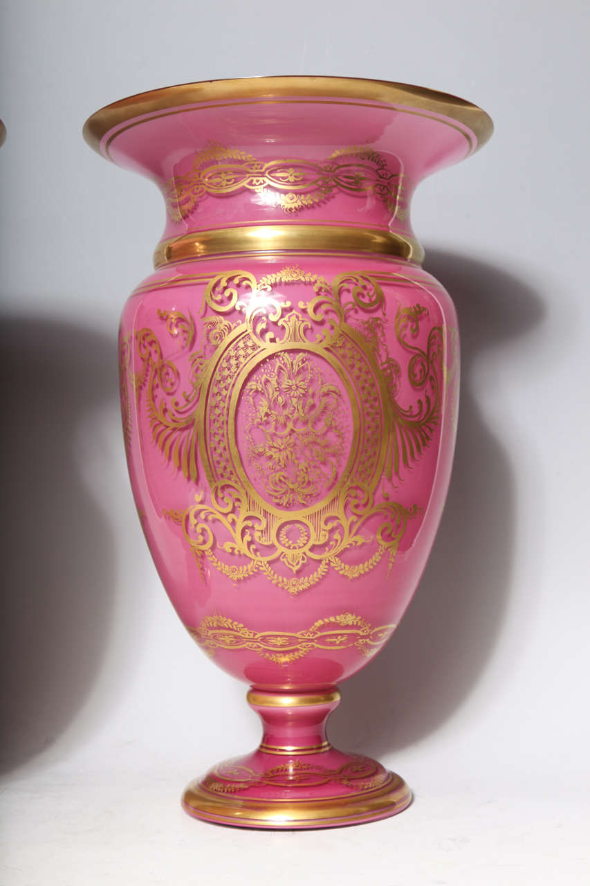 Pair of Exquisite and Large Antique French Louis XVI Pink Opaline Baccarat Vases In Good Condition In New York, NY