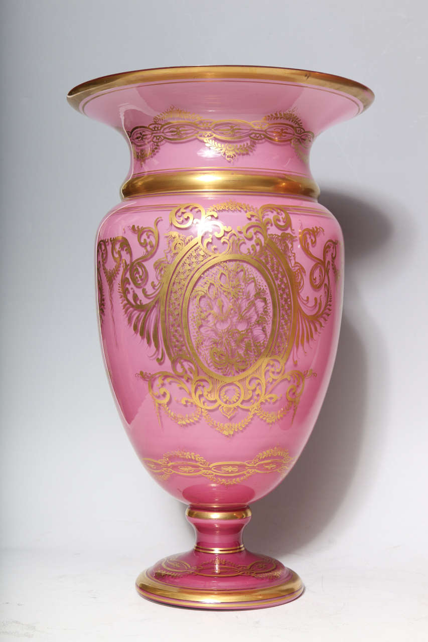 19th Century Pair of Exquisite and Large Antique French Louis XVI Pink Opaline Baccarat Vases