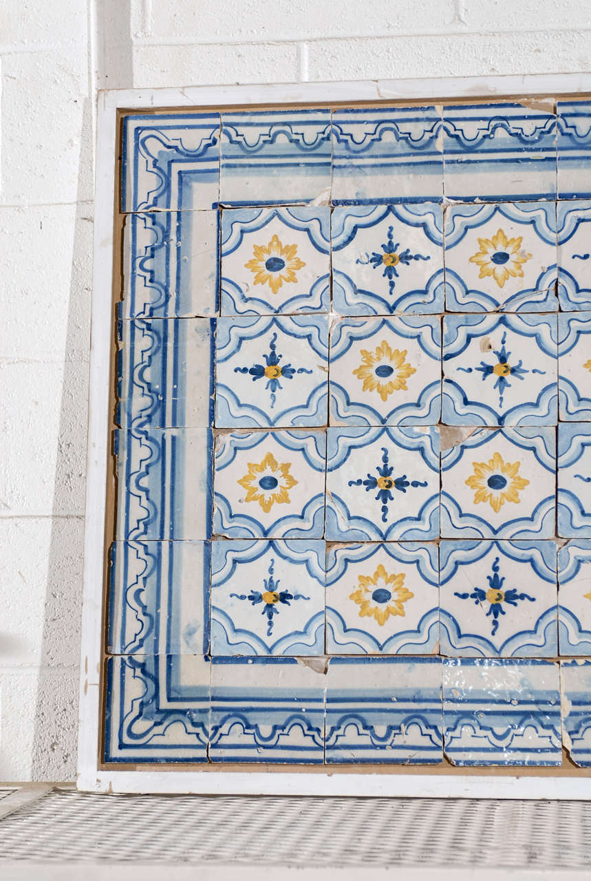 18th Century Portugese Tiles in Blue and Yellow, Circa 1780 In Distressed Condition In Atlanta, GA