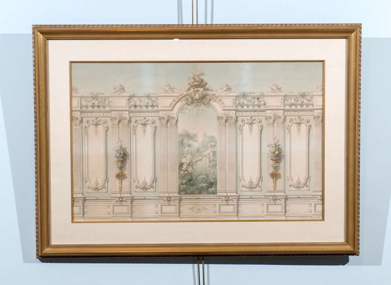 19th Century  French Architectural Watercolor, Circa 1810
This work of art is a great combination of the hard line of the architecture combined with the soft, loose painting of the garden.  It is hard to imagine the skill required to achieve such