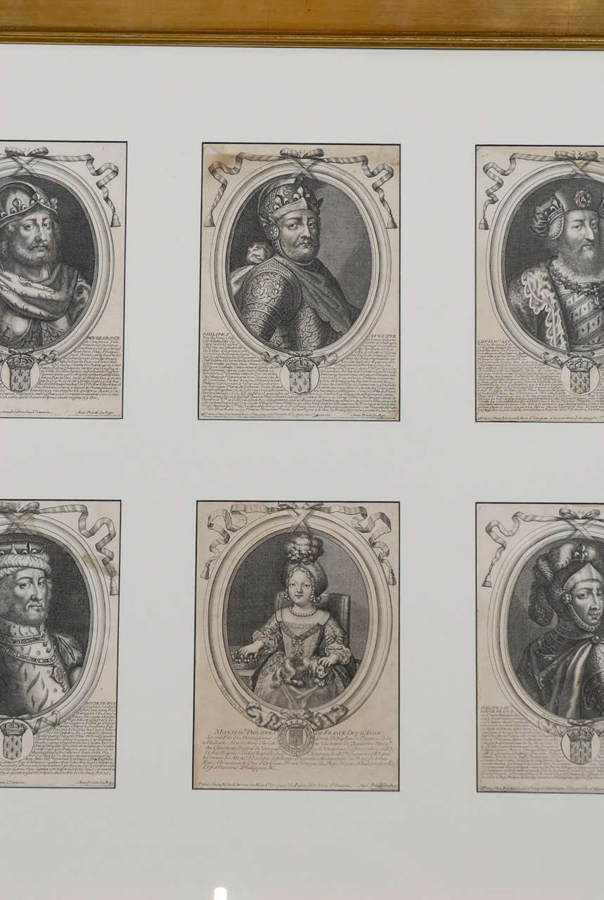 18th Century and Earlier 17th Century Engravings of French Kings Framed, Circa 1680