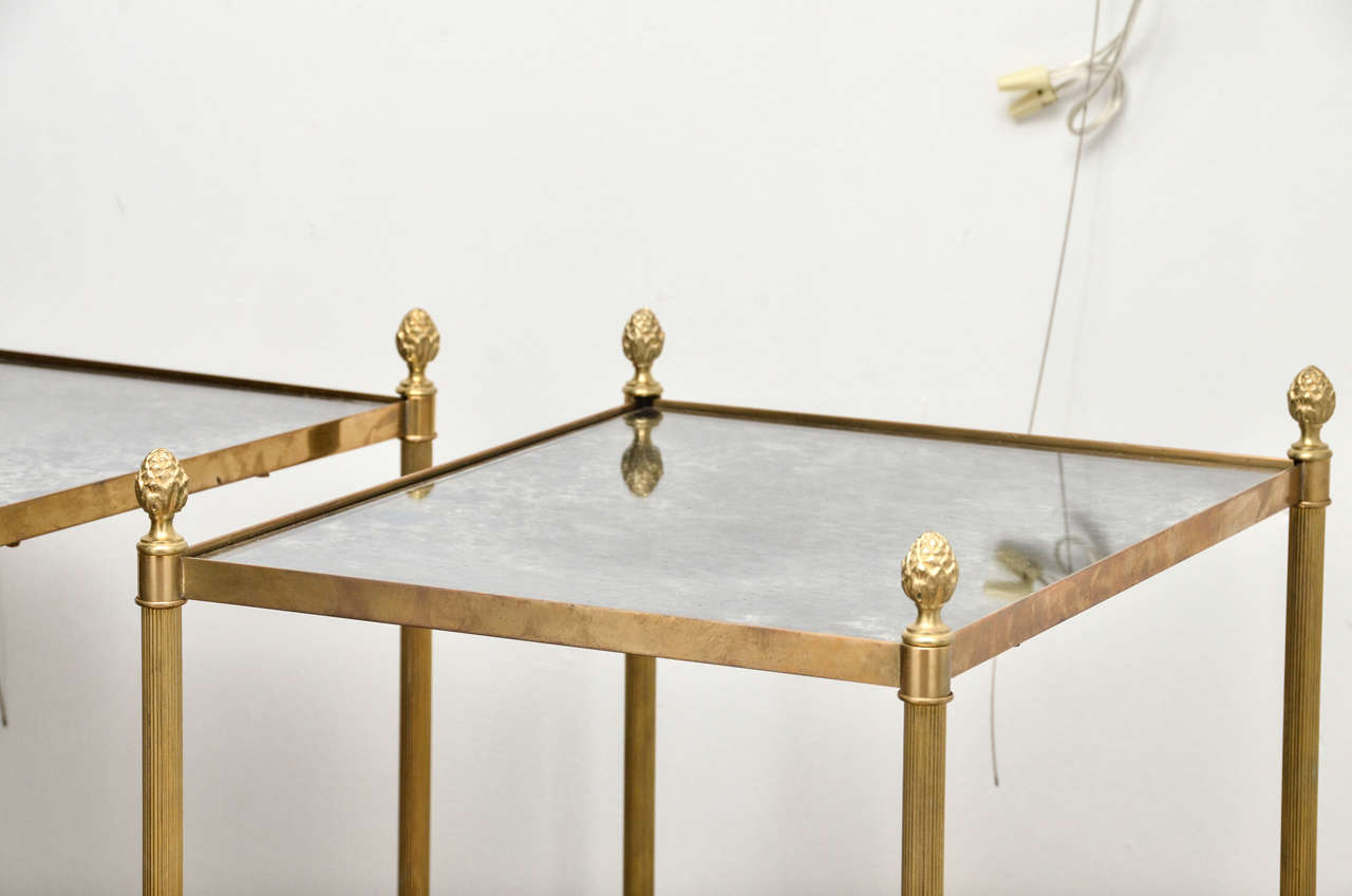 Revival Pair of Two Tiered Brass, Mirrored End Tables