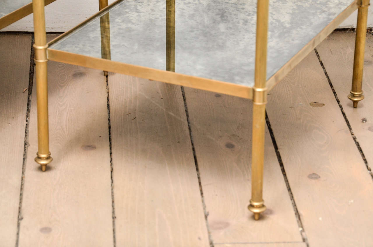 French Pair of Two Tiered Brass, Mirrored End Tables