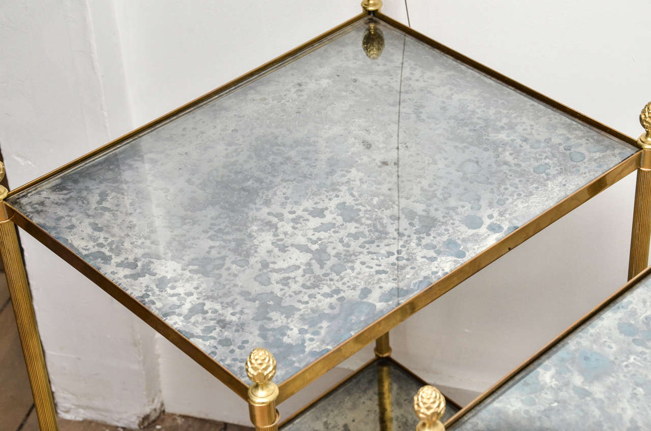 Pair of Two Tiered Brass, Mirrored End Tables In Excellent Condition In Bridgehampton, NY