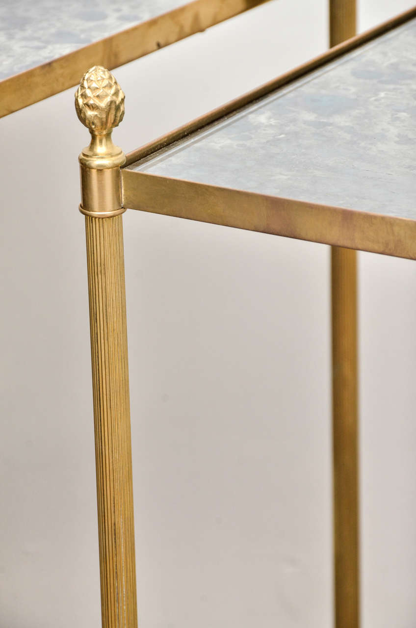 Mid-20th Century Pair of Two Tiered Brass, Mirrored End Tables
