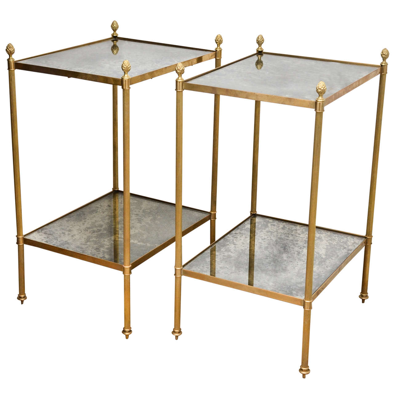 Pair of Two Tiered Brass, Mirrored End Tables