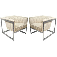 Pair of Upholstered Chrome Framed Chairs by Milo Baughman