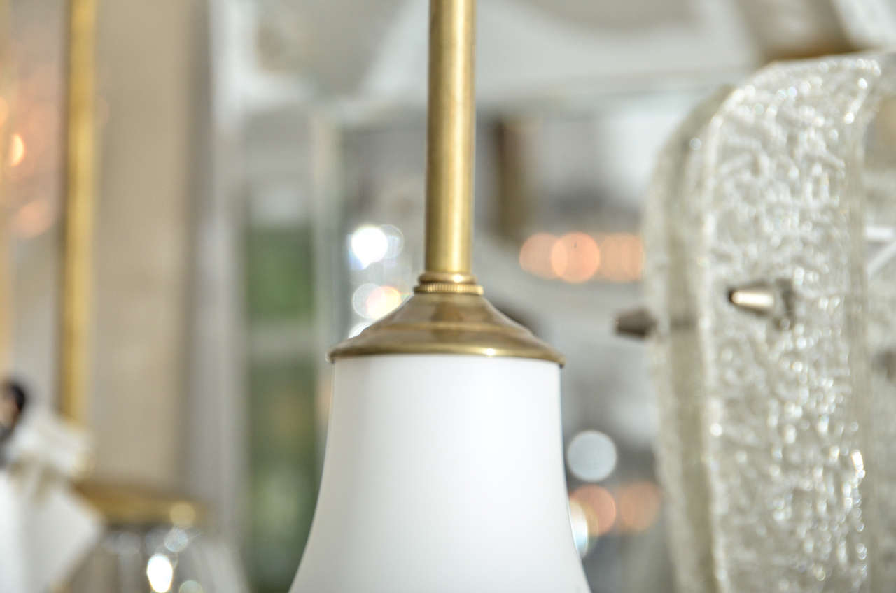 Mid-Century Modern Frosted Glass Globe and Brass Pendant For Sale