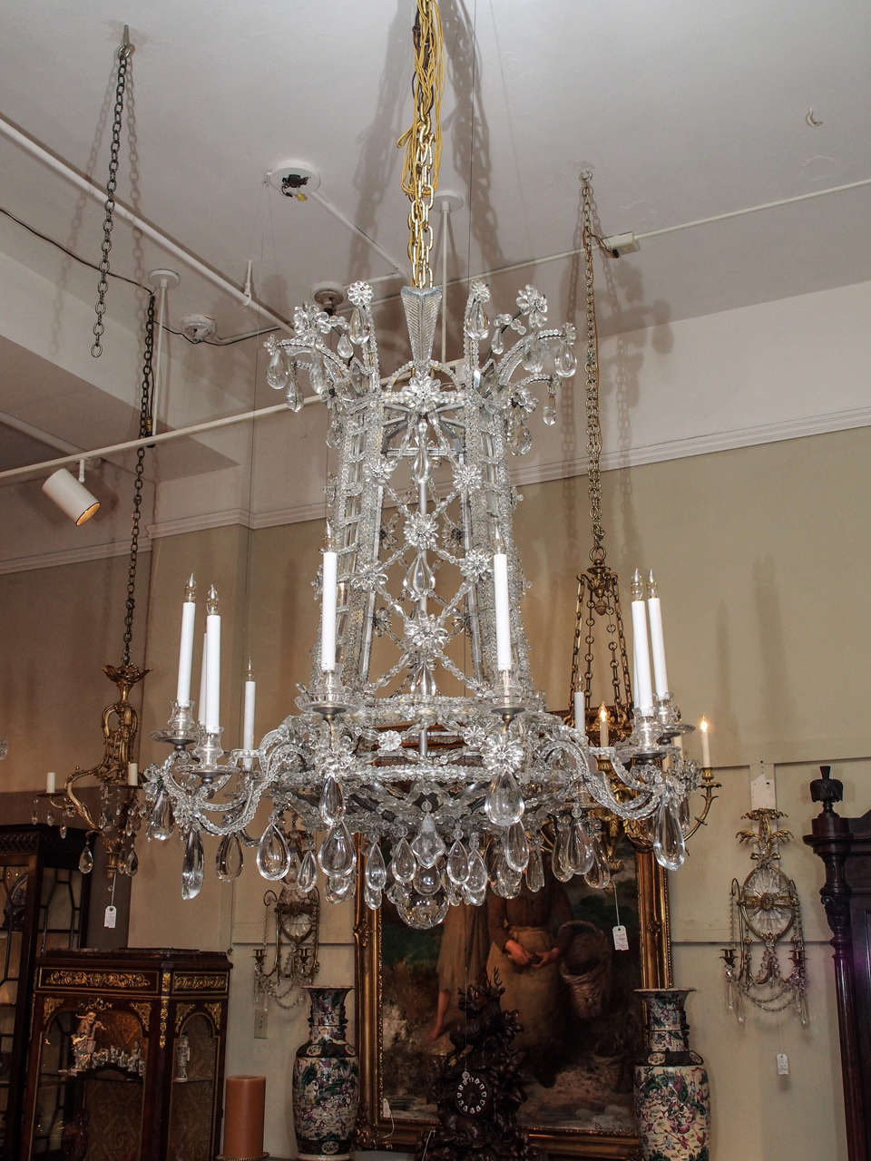 Antique French Baguès crystal original design chandelier. From the Mill Road Farm estate of Albert Lasker, Lake Forest, IL. David Adler, architect; Frances Elkins, decorator.