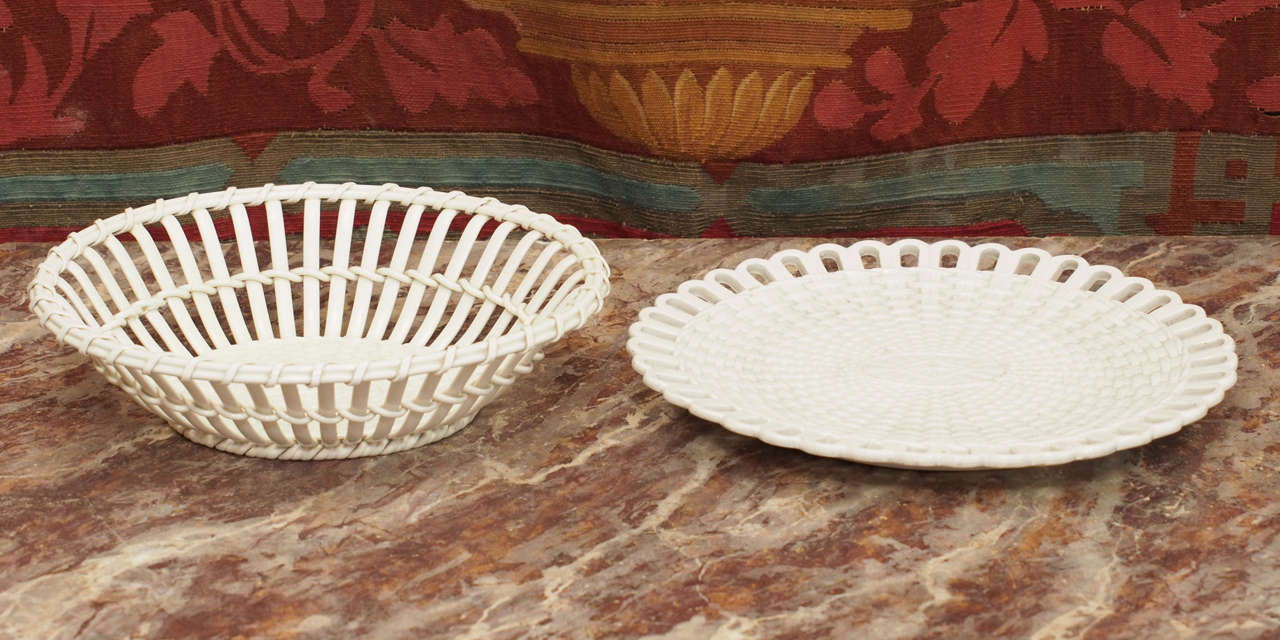 19th Century Pair of French Creil Creamware Baskets with underplates