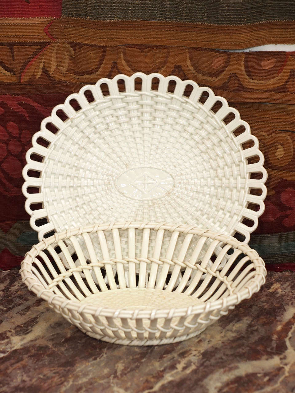 Pair of French Creil Creamware Baskets with underplates 2