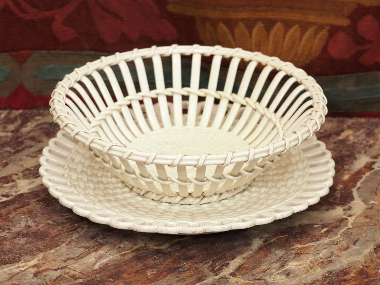 Pair of French Creil Creamware Baskets with underplates 4