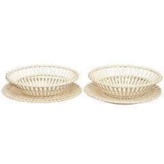 Antique Pair of French Creil Creamware Baskets with underplates