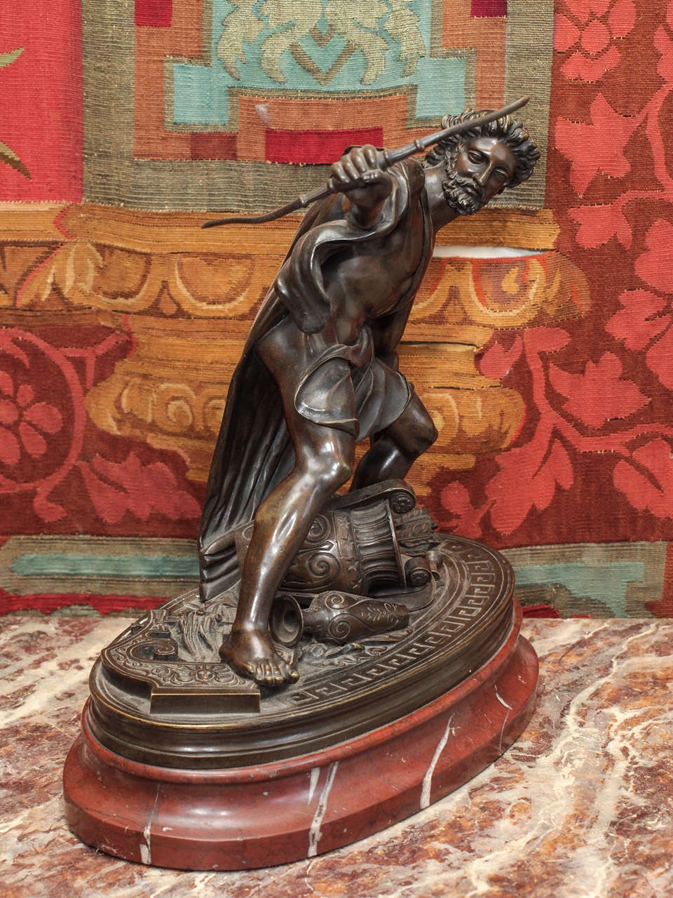 French Grand Tour Brozne of Apollo with bow and arrow and vases on rouge marble base