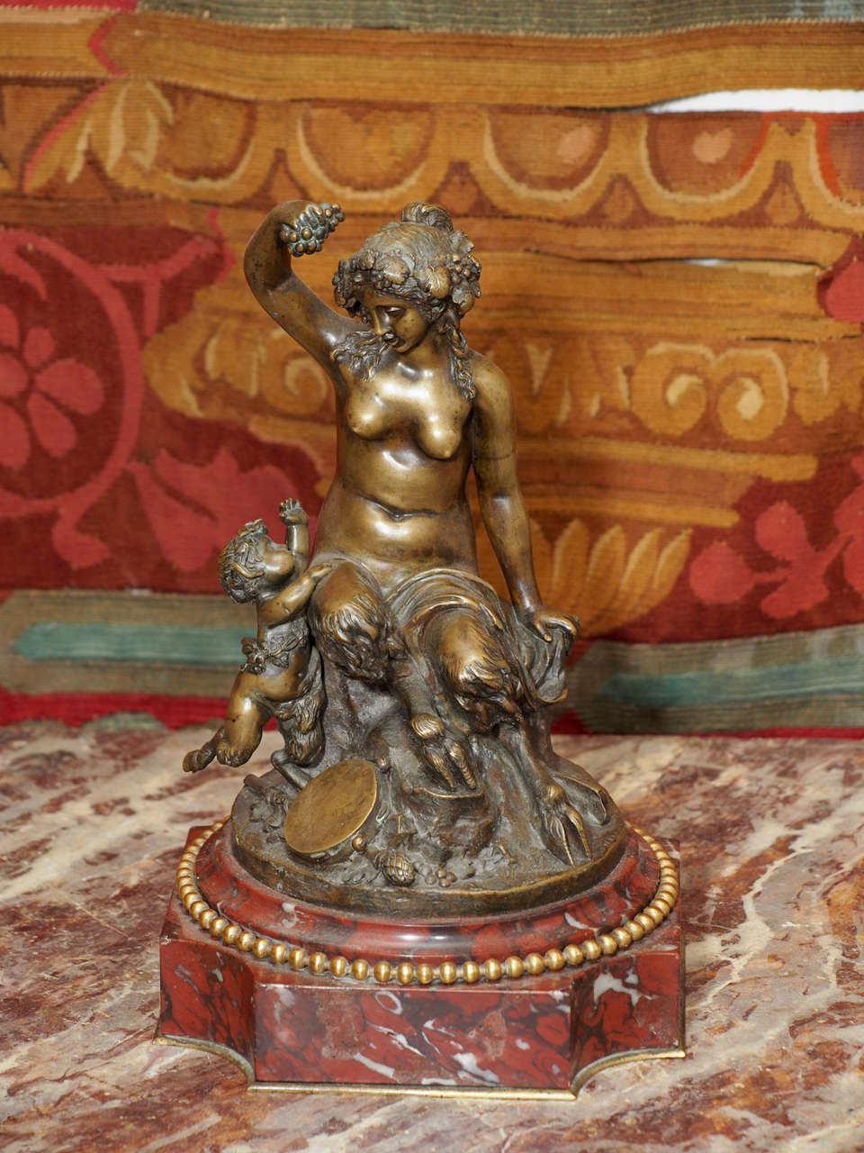 19th c. Bronze of Glaistig (half woman half goat and a Satyr child on rouge marble base