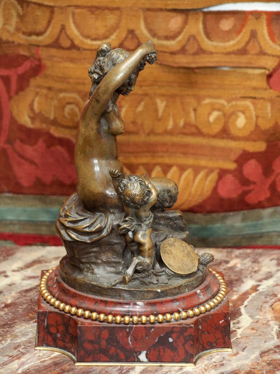 French 19th C. Bronze of Glaistig and Satyr Child on Rouge Marble Base For Sale
