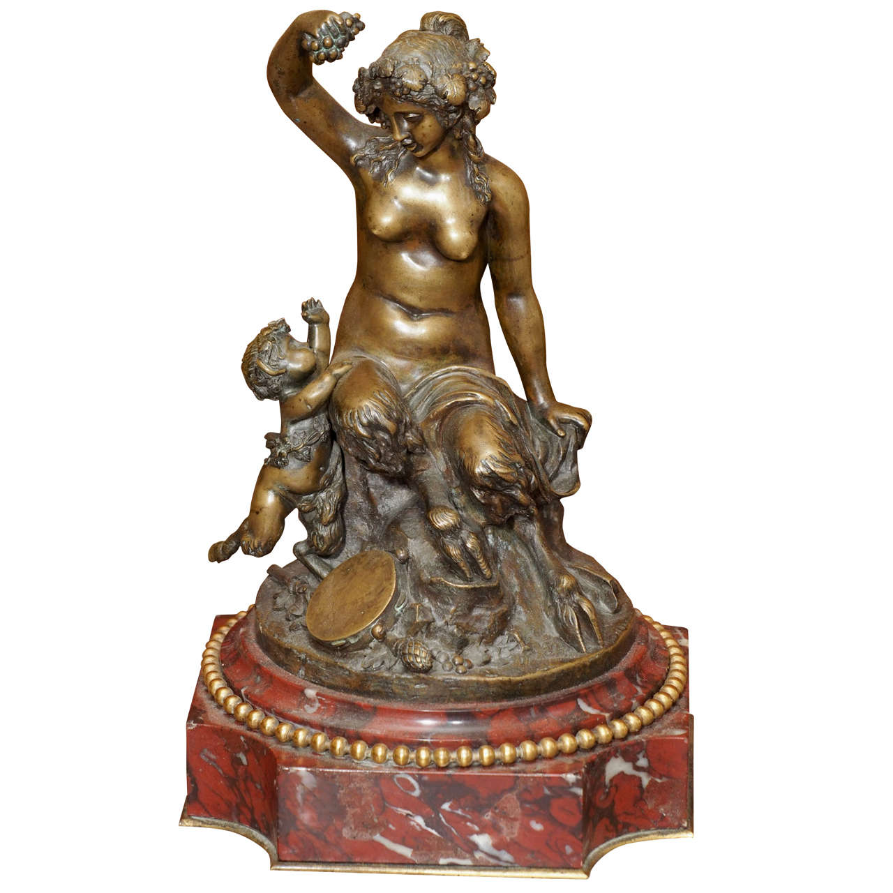 19th C. Bronze of Glaistig and Satyr Child on Rouge Marble Base For Sale