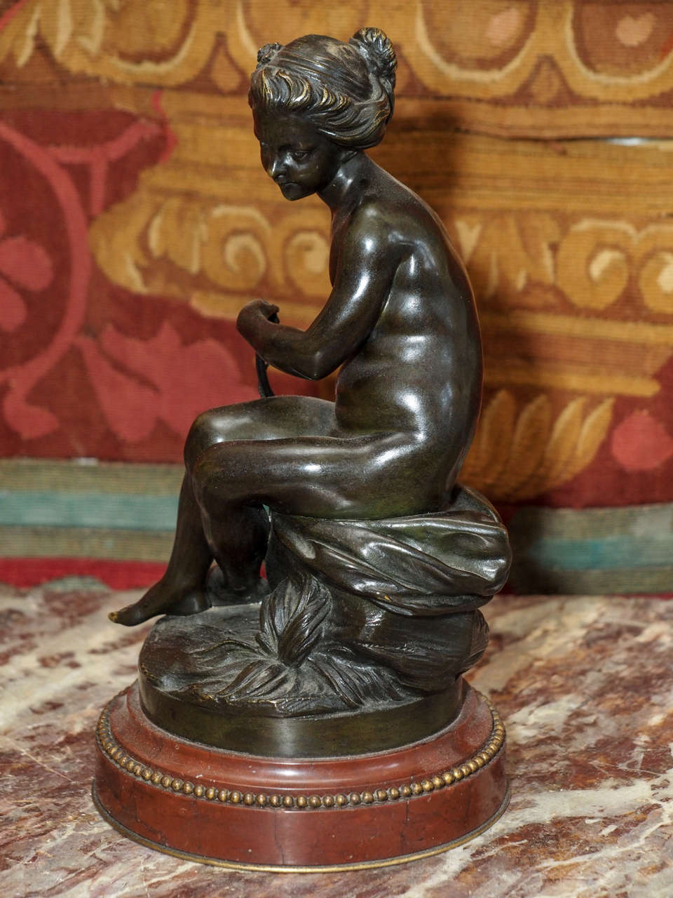 French 19th c. Bronze of Diana the Huntress on Rouge Marble Base