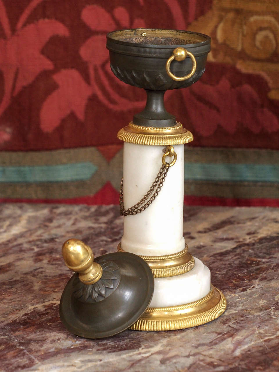18th Century and Earlier Pair of Period Louis XVI Patinated and Gilt Bronze with Marble Cassolet For Sale