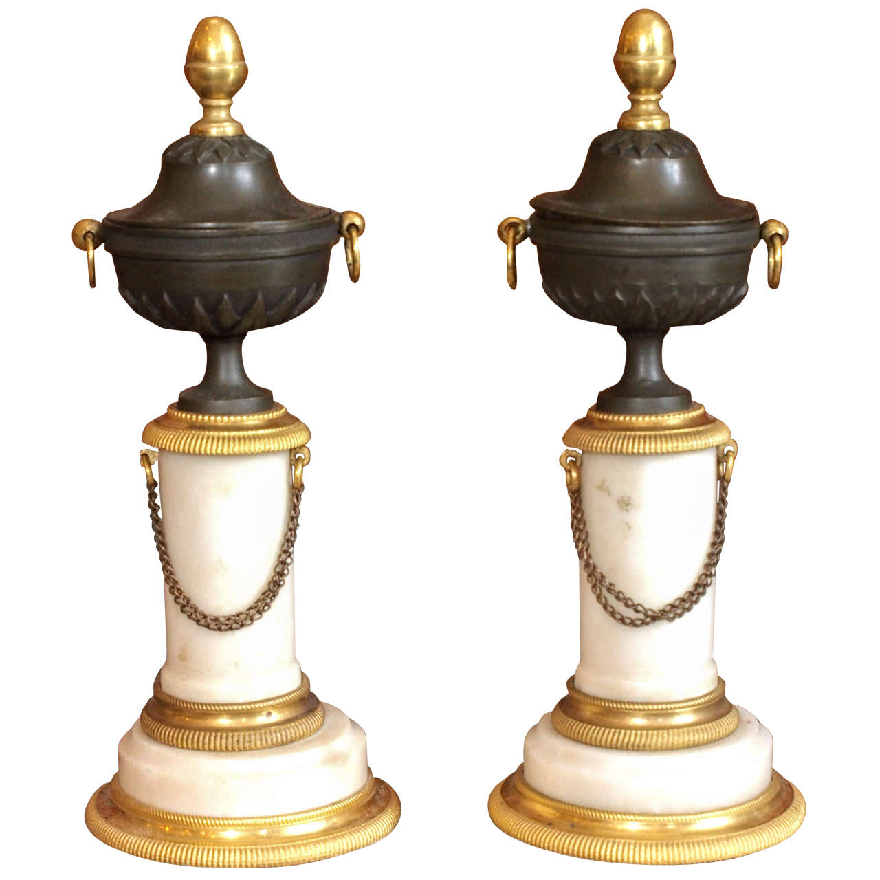 Pair of Period Louis XVI Patinated and Gilt Bronze with Marble Cassolet For Sale