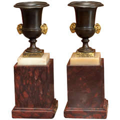 Pair of French NeoClassical Bronze Urns on Rouge Marble Bases 12