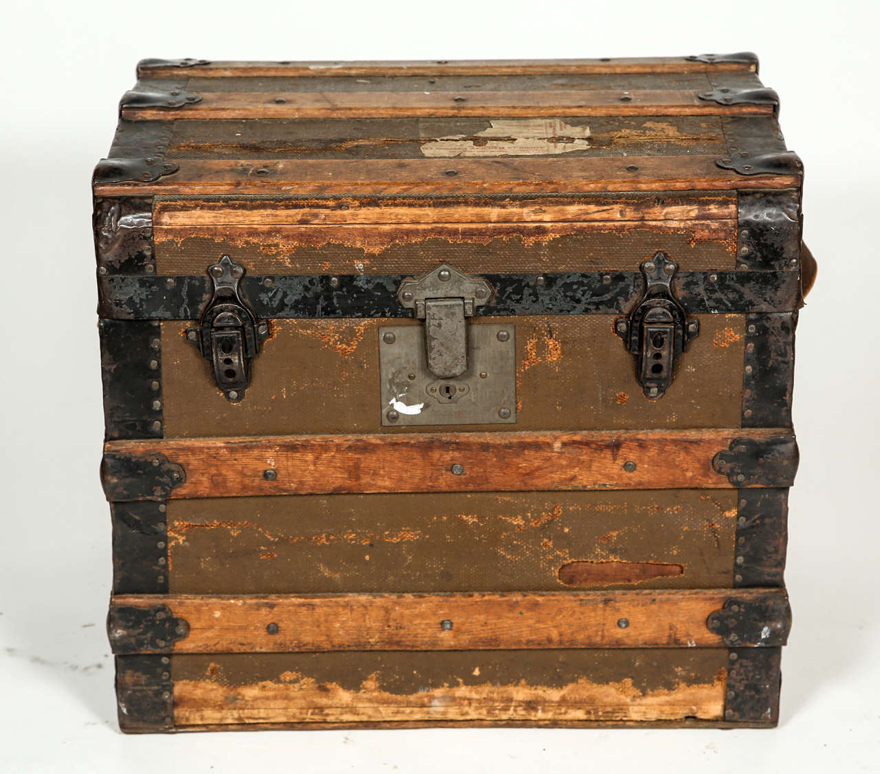 American Small 1800s Wood and Metal Trunk with Paper Labels