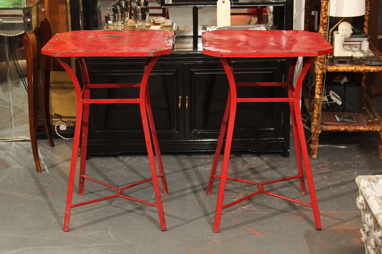 pair metal side /garden tables in beautiful red.