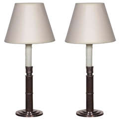 Pair of Silver Plated Bronze and Walnut Candlestick Lamps
