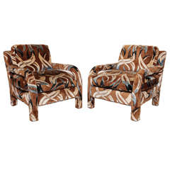 Pair of Milo Baughman Lounge Chairs in Jack Lenor Larsen Cut Velvet