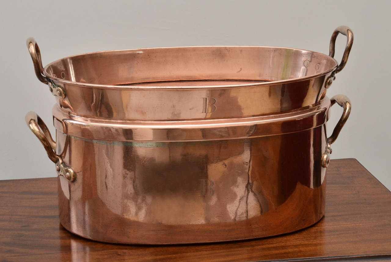 Large Copper English Tray Lidded Oval Fish Poaching Pot