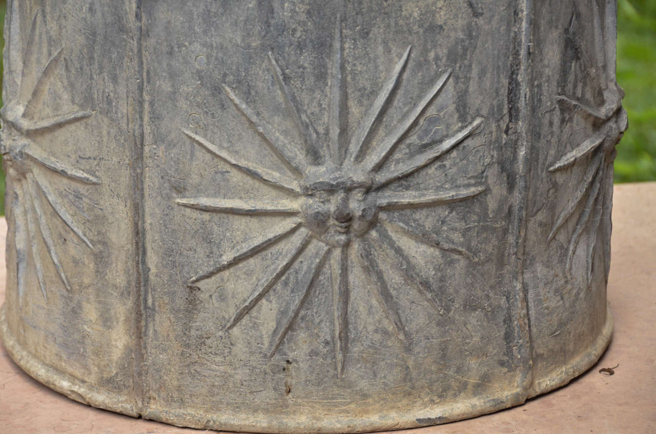 Regency Revival Pair of English Circular Lead Planters with Sunburst Motif