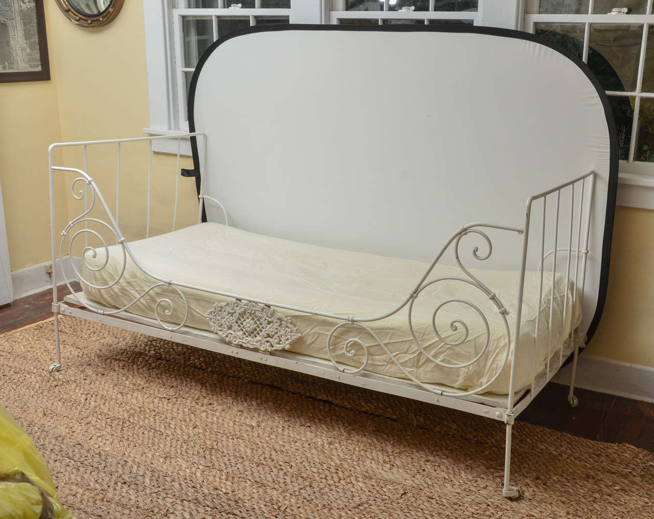 French 19th Cent, Iron Folding Day Bed With Cross Hatched Design Central Medallion & Scrolled Design Side.Great As A Day Bed Or Childs Bed. Nearly Identical To 1408159201351 -- Makes A Great Pair Of Beds. Mattress Is Custom Made & Will Be Sold With